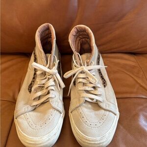 Vans Cream Leather and leopard logo High-Top Sneakers